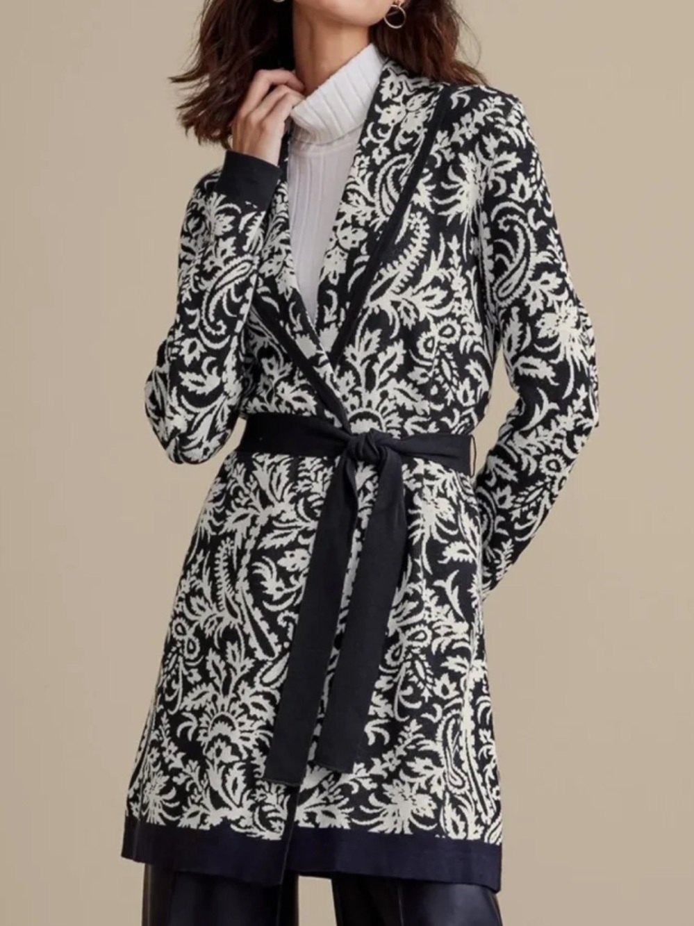 Soft Surroundings Women 2X Antique White Belted Marika Jacquard Cardigan NWT